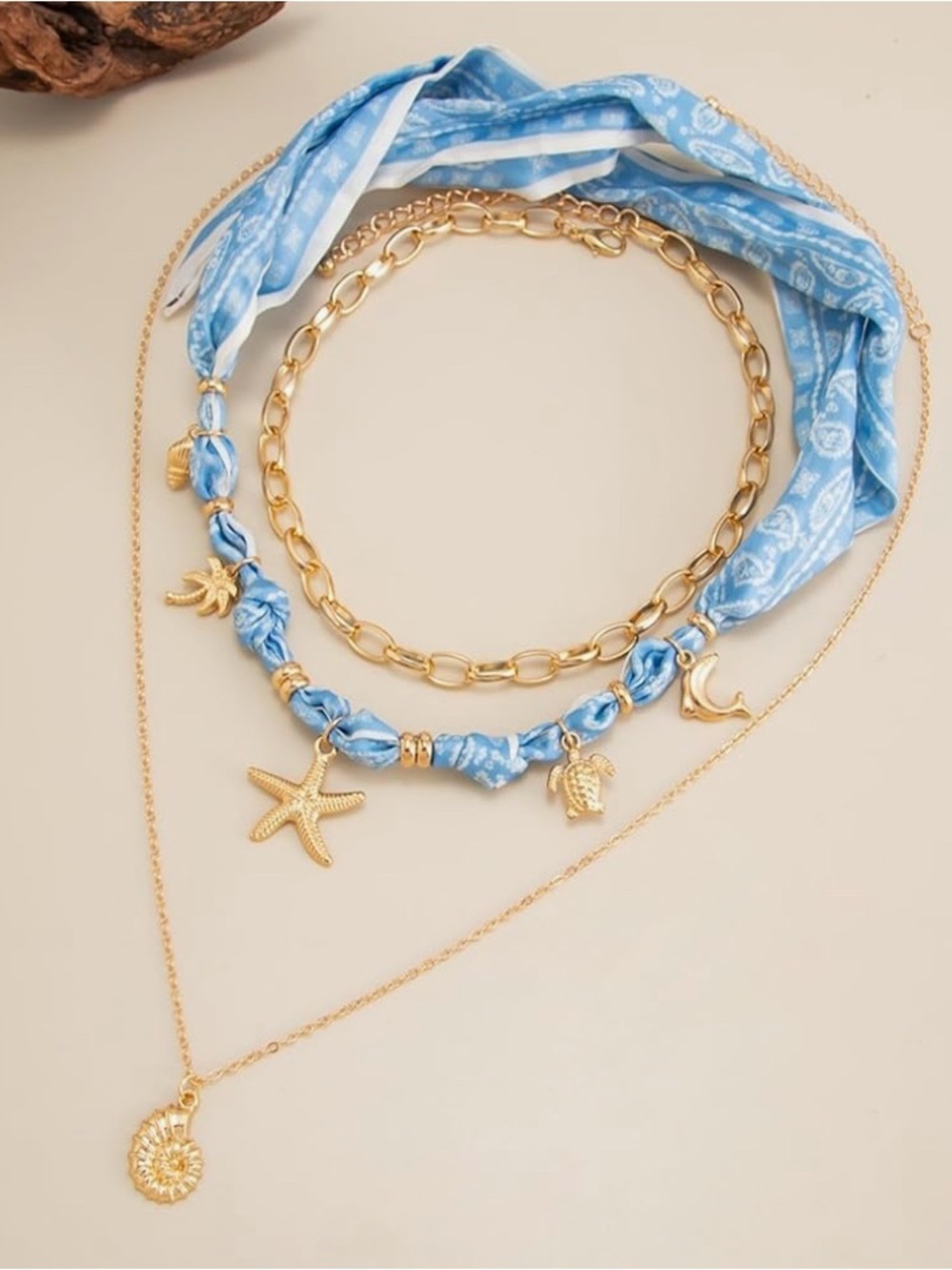 Blue Scarf Layered Necklace with Gold Sea Charms